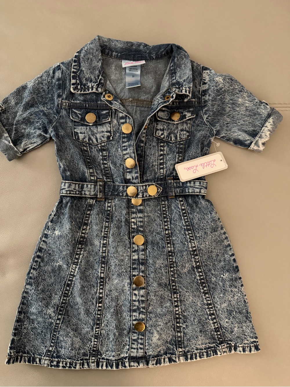 Little Lass Girls Acid-Wash Denim Button Front Dress in Blue
